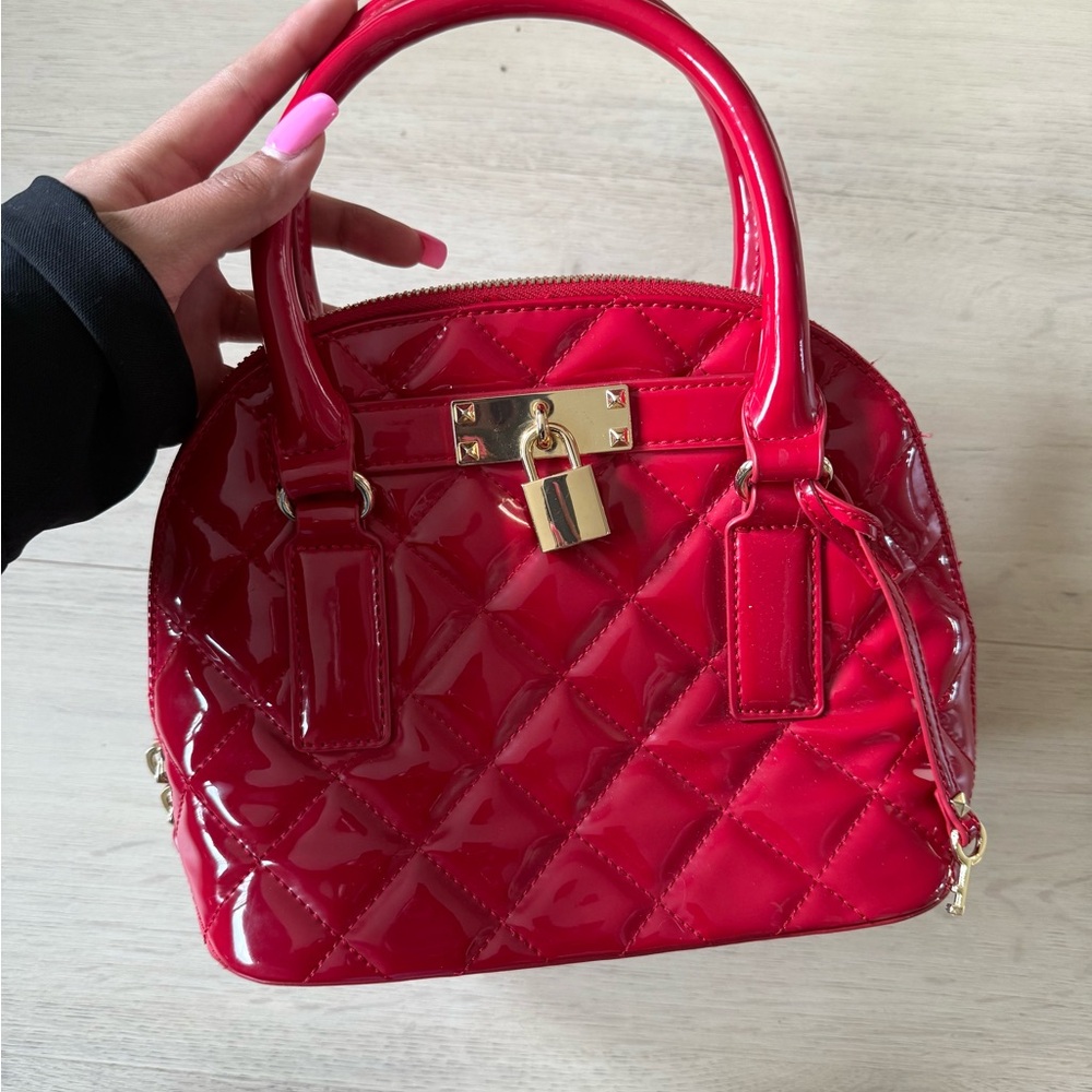 Aldo Red Quilted Satchel with Glossy Finish
